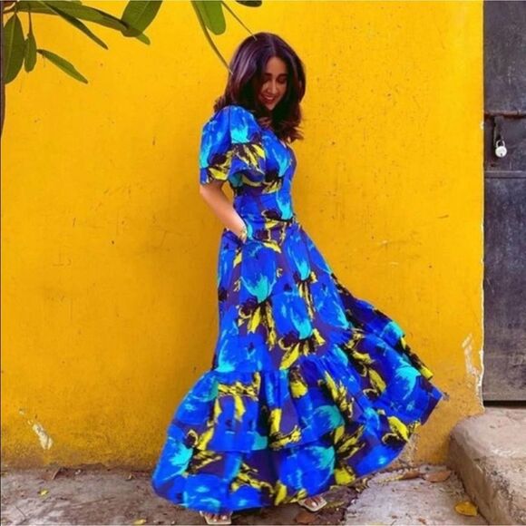 Christopher John Rodgers Blue Paradise Tiered Puff Maxi Dress Size - Picture 1 of 9
